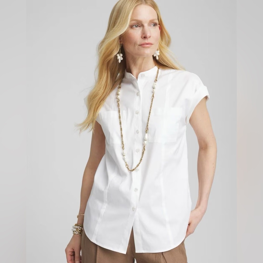 NEW Chicos NWT Poplin Patch Pocket Classic White Cap Sleeve Button-Up Top US 14
